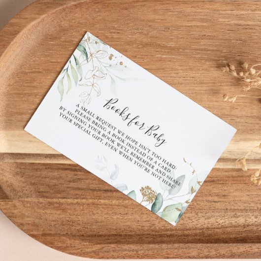 金ゴールドユーカリ赤ちゃんシャワーブックリクエスト エンクロージャーカード