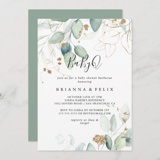 金ゴールドユーカリBabyQベビーシャワーバーベキュー 招待状 (正面/裏面)
