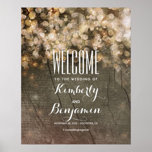 金ゴールドライツ素朴カントリー結婚式のウェルカムサイン ポスター (正面)