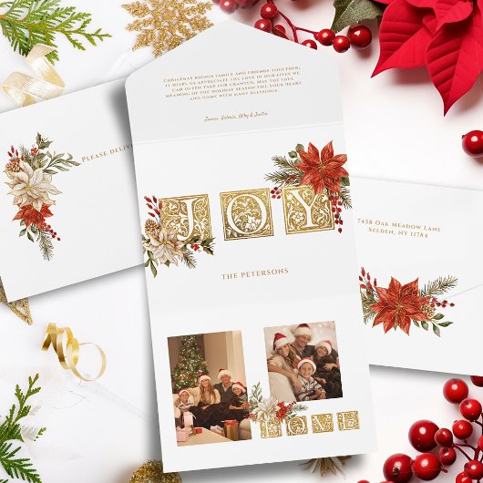 金ゴールドライトジョイブロック文字（ポインセチア付き） オールインワン招待状