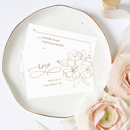 金ゴールドラインフローラオン白&金ゴールドと食事RSVP 出欠カード