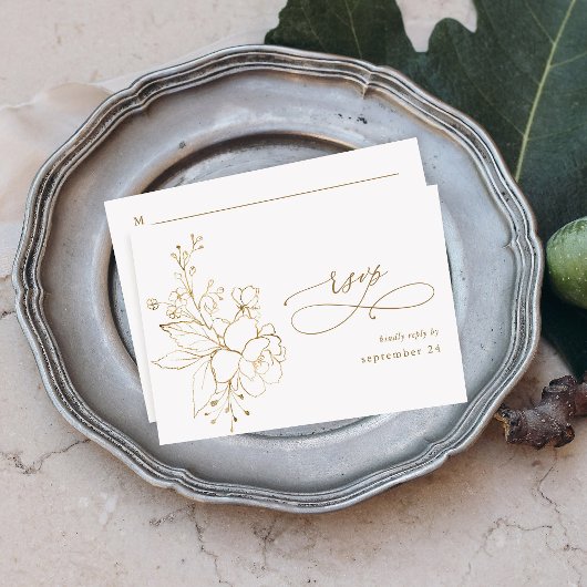 金ゴールドラインフローラオン白&金ゴールドと食事RSVP 2 出欠カード