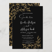 金ゴールドラインフローラブラック結婚ズ 招待状 (正面/裏面)