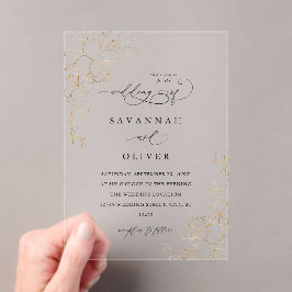 金ゴールドラインフローラホワイト&ブラック結婚ズ アクリル招待状