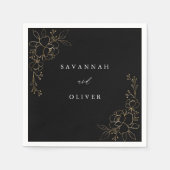 金ゴールドラインフローラ名ナプキンス – 黒 スタンダードカクテルナプキン (正面)