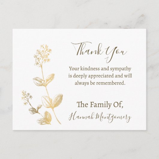 金ゴールドラインフローラ悔やみや弔慰サンキューカード ポストカード (正面)