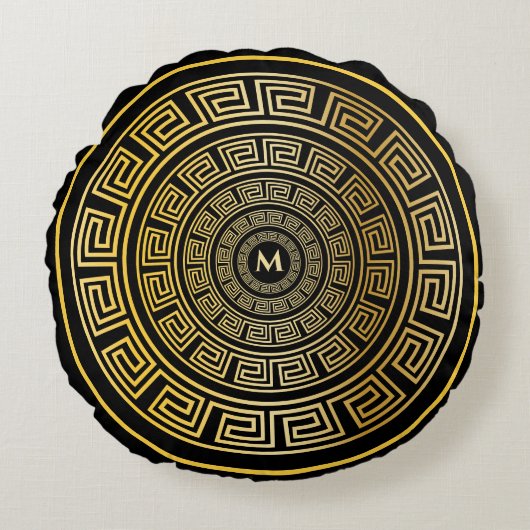 金ゴールドラウンドギリシャ鍵カスタムモノグラムラウンドピロー ラウンドクッション (正面)