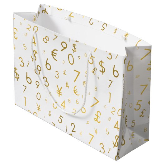 金ゴールドラグジュアリー番号と通貨記号パターン ラージペーパーバッグ (裏面アングル)