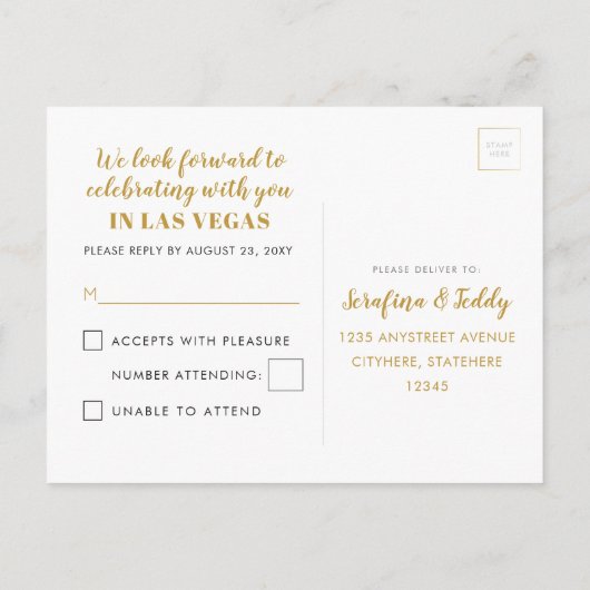 金ゴールドラスベガスサインウェディング出欠返事ポストカード 案内ポストカード (裏面)