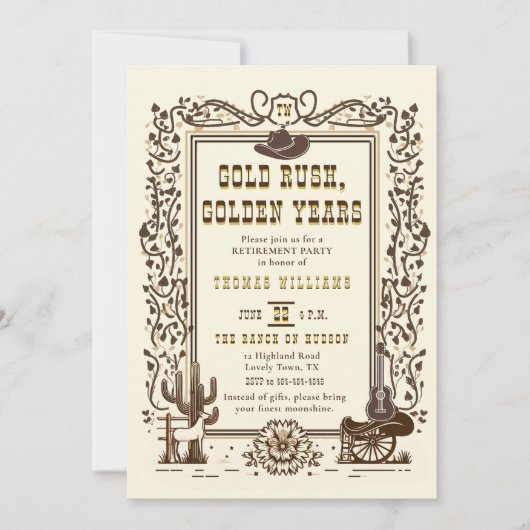 金ゴールドラッシュゴールデンイヤーウェスタンヴィンテージ退職 招待状 (正面)