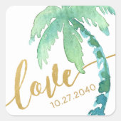 金ゴールドラブウォーターカラーパームツリービーチ結婚式 スクエアシール (正面)