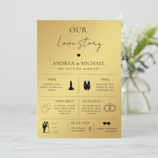 金ゴールドラブストーリーインフォグラフィック写真結婚 招待状 (スタンド正面)