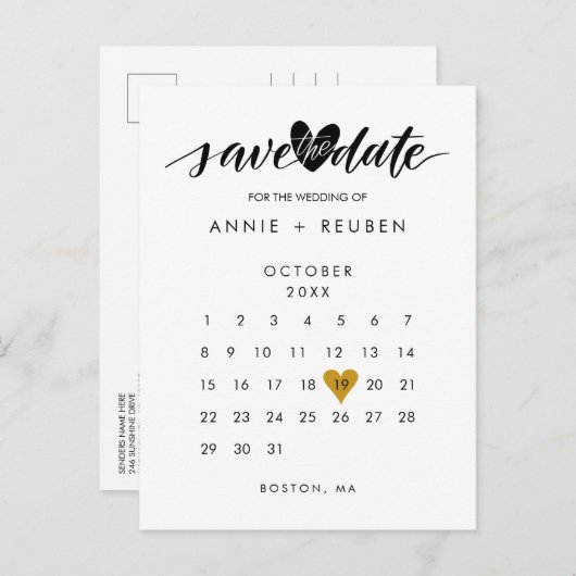 金ゴールドラブハートカレンダー日付の保存 案内ポストカード (正面/裏面)