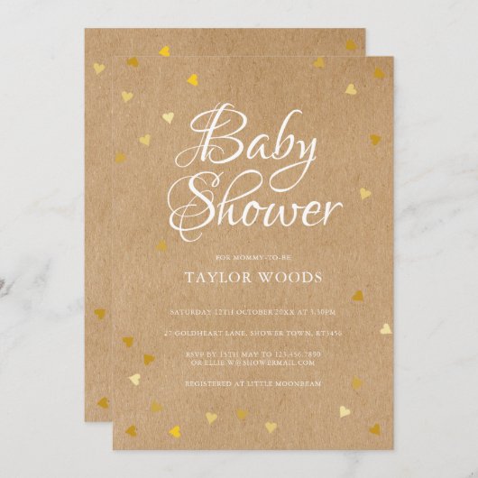 金ゴールドラブハートベビーシャワ素朴ークラフトボホ 招待状 (正面/裏面)