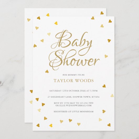 金ゴールドラブハート紙吹雪ベビーシャワー/散水 招待状 (正面/裏面)