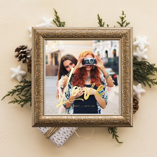 金ゴールドラブブラシスクリプトオーバーレイカップルのフォトメモリ 箔ポスター