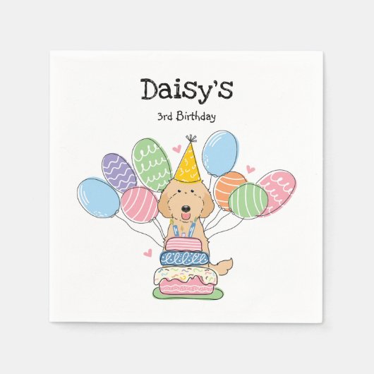 金ゴールドラブラドールドッグバースデーパーティー紙ナプキンス スタンダードカクテルナプキン (正面)