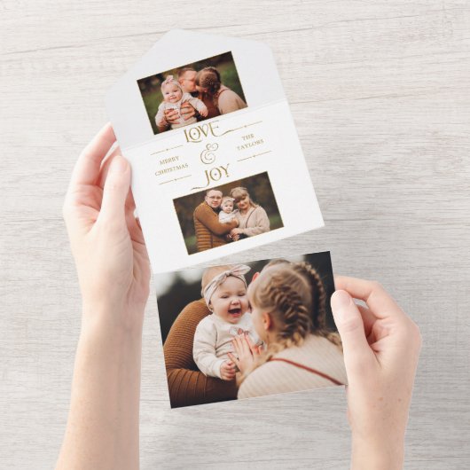 金ゴールドラブ&ジョイタイポグラフィ2枚 – 写真 オールインワン招待状 (貼ってはがせる)