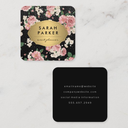 金ゴールドラベルドット花パターン スクエア名刺 (正面/裏面)