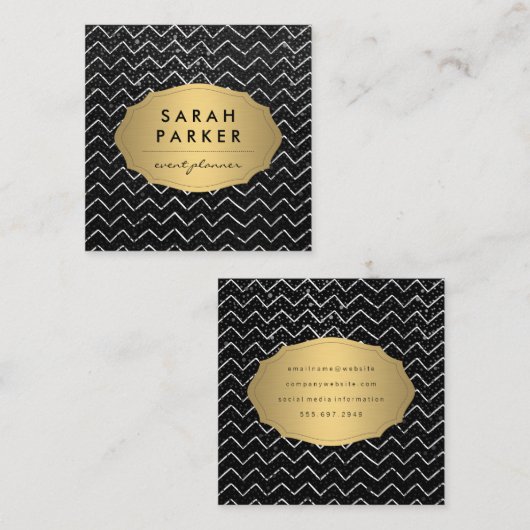 金ゴールドラベル（シックなメタリックドットシェブロンパターン） スクエア名刺 (正面/裏面)