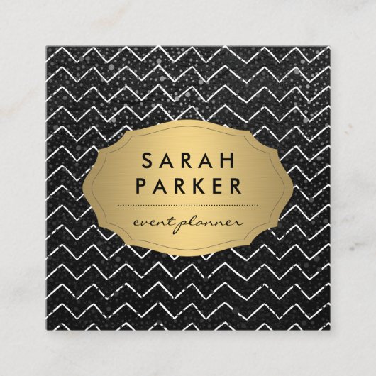 金ゴールドラベル（シックなメタリックドットシェブロンパターン） スクエア名刺 (正面)