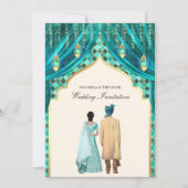 金ゴールドランタンティール(緑がかった色)インディアン結婚カップル 招待状 (正面)