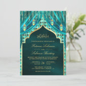 金ゴールドランタンティール(緑がかった色)カーテンムスリム結婚ズ 招待状 (スタンド正面)