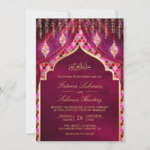 金ゴールドランタンマゼンタピンクカーテンムスリム結婚ズ 招待状 (正面)