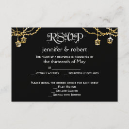 金ゴールドランタン灯結婚が黒の応答カード 出欠カード