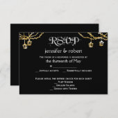 金ゴールドランタン灯結婚が黒の応答カード 出欠カード (正面/裏面)