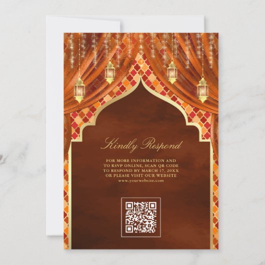 金ゴールドランタン焼きオレンジカーテンムスリム結婚ズ 招待状 (裏面)