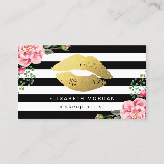 金ゴールドリップフローラストライプ白黒メイクアップアーティスト 名刺 (正面)