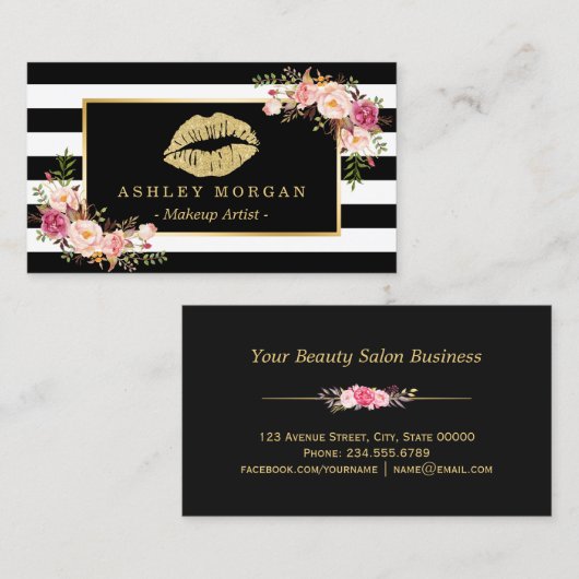 金ゴールドリップフローラメイクアップアーティスト美しいサロン 名刺 (正面/裏面)