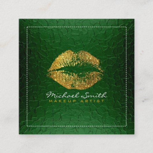 金ゴールドリップメイクアップアーティストモダングリーンメタル スクエア名刺 (正面)