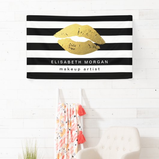 金ゴールドリップメイクアップ美しいサロン白黒ストライプ 横断幕 (インサイチュ)