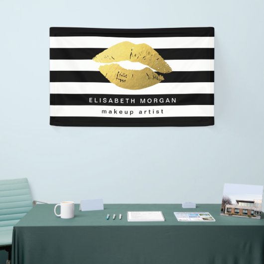 金ゴールドリップメイクアップ美しいサロン白黒ストライプ 横断幕 (トレードショー)