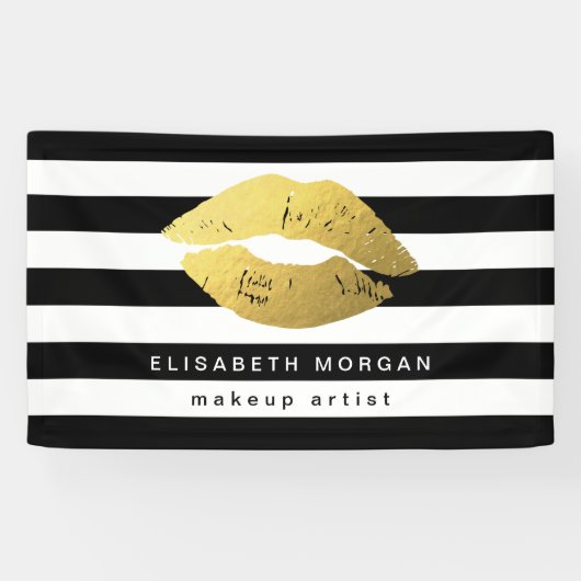金ゴールドリップメイクアップ美しいサロン白黒ストライプ 横断幕 (横)