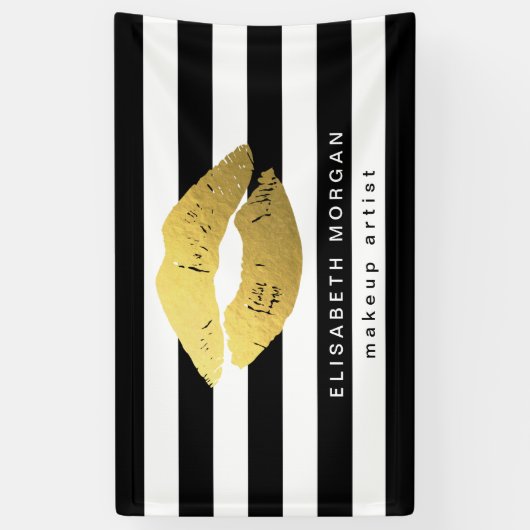 金ゴールドリップメイクアップ美しいサロン白黒ストライプ 横断幕 (縦)