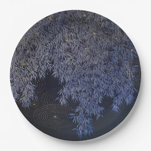 金ゴールドリップルブルーの葉の複雑なバーベキュー ペーパープレート (正面)