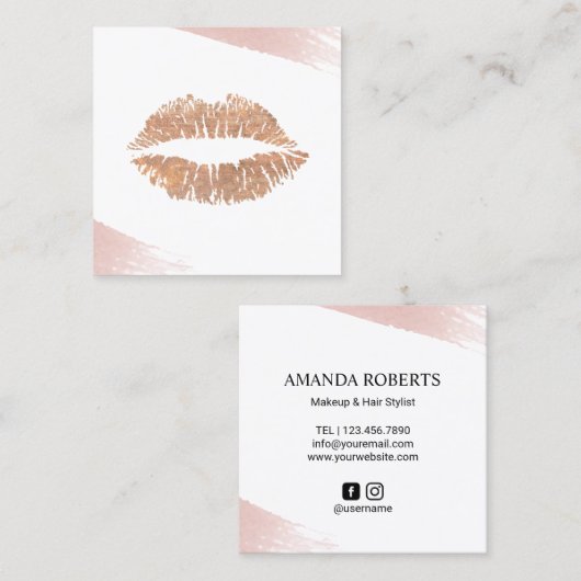 金ゴールドリップ水彩ブラシストロークメイクアップアーティスト スクエア名刺 (正面/裏面)