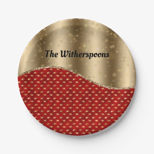 金ゴールドリボンと名前を持つクリスマスレッドフローラ ペーパープレート (正面)