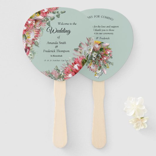 金ゴールドリボンと明るい赤紫色プロテアブケッツ ハンドファン (正面&裏面)