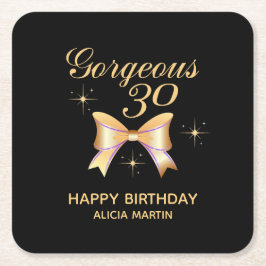 金ゴールドリボンガールゴージャス30ブラックハッピーバースデー スクエアペーパーコースター