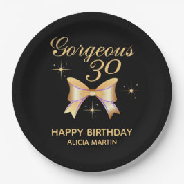 金ゴールドリボンガールゴージャス30ブラックハッピーバースデー ペーパープレート