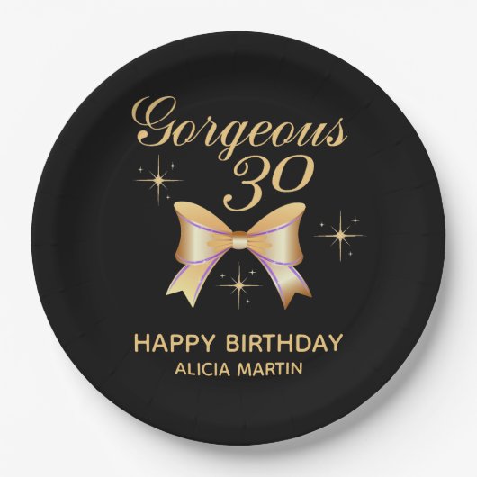 金ゴールドリボンガールゴージャス30ブラックハッピーバースデー ペーパープレート (正面)
