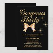 金ゴールドリボンガールゴージャス30ブラック誕生日 招待状 (正面/裏面)