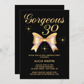金ゴールドリボンガールゴージャス30ブラック30歳の誕生日 招待状 (正面/裏面)