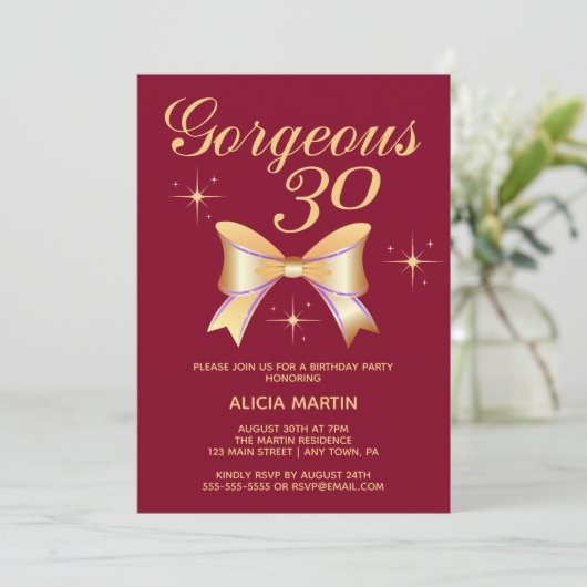 金ゴールドリボンガールゴージャス30ブルゴーニュ誕生日 招待状 (スタンド正面)