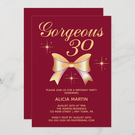 金ゴールドリボンガールゴージャス30ブルゴーニュ誕生日 招待状 (正面/裏面)