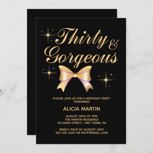 金ゴールドリボンガール30とゴージャスブラック誕生日 招待状 (正面/裏面)